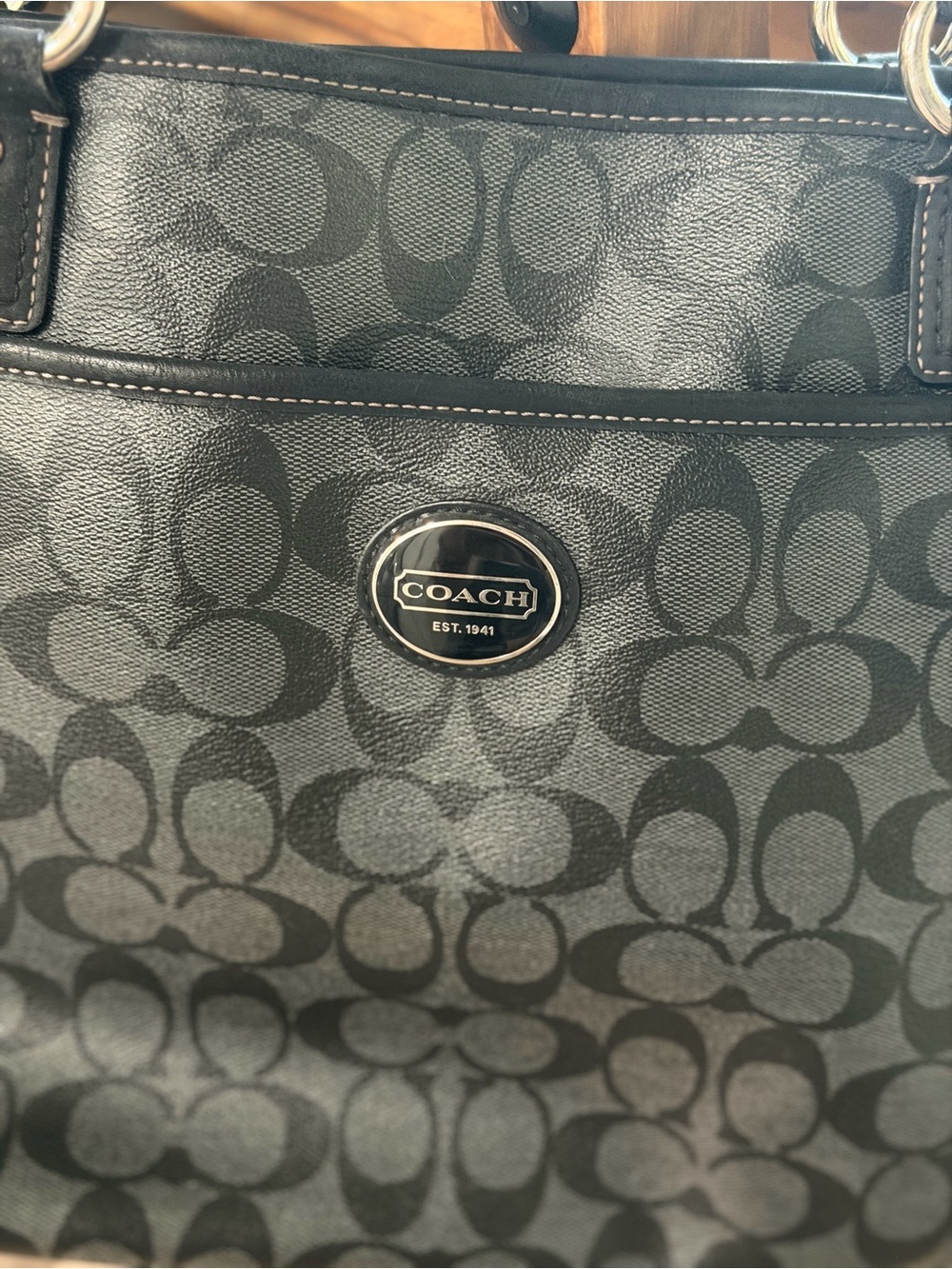 Coach Black/Charcoal Signature C Tote with Logo Plaque